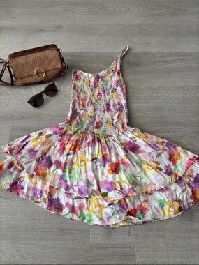 One shoulder  Floral Smocked Tiered Dress - White Multi